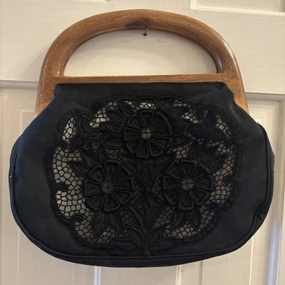 VTG 70's Boho Hippy Wooden Handle Purse Black Floral Cotton Blend - Image 1 of 4