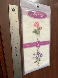 100% Cotton 2 Flower Embroidered Handkerchiefs New Vintage  New - Picture 1 of 3