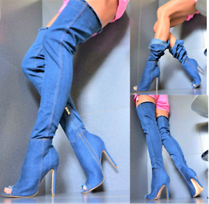 Luxe Chaussures Femme Club-Party Jeans Bottines Bottes XXL Cuissardes Dk.blau