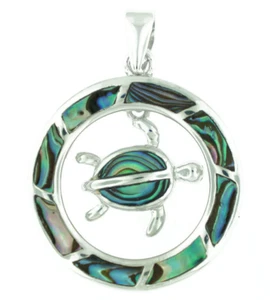 Solid 925 Sterling Silver Natural Abalone Puau Shell Women Round Turtle Pendant - Picture 1 of 1