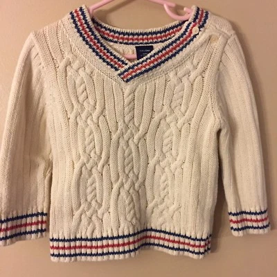 Suéter BabyGap Cuello en V Blanco Rojo y Azul Acento Rayas Unisex 12-18 meses Foto 1 de 4