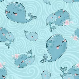 BTY 3 Wishes Mommy & Me Whale Wave Blue Flannel Cotton Fabric By The Yard - Picture 1 of 1
