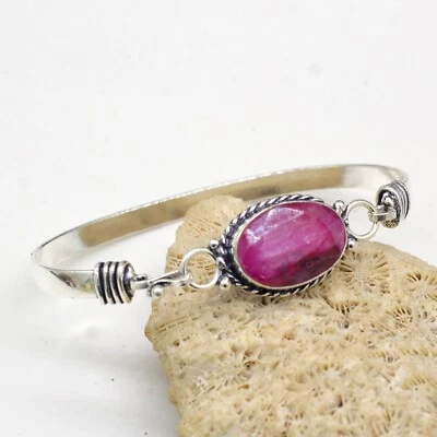925 Sterling Silver Pink Ruby Gemstone Jewelry Cuff ADJUSTABLE Bracelet - Image 1 of 4