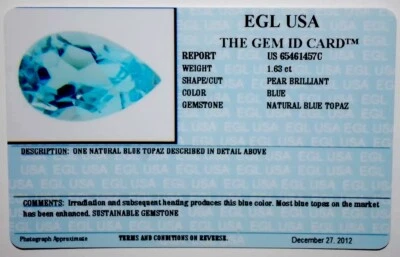 EGL USA TESTED AND CERTIFIED NATURAL PEAR BRILLIANT BLUE TOPAZ 1.63CT - Image 1 of 3