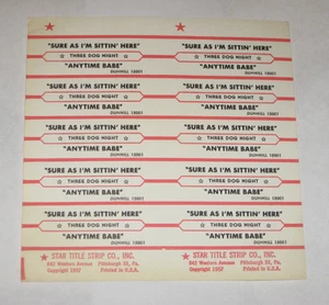 Three Dog Night Full Sheet of 10 Jukebox Title Strips Sure As I'm Sittin Here - Bild 1 von 1