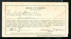 De colección 1932 AVISO A LOS PADRES EXAMEN DE NIÑOS EN ESCUELA REPORTAR VIRUELA TIFOIDEA? - Imagen 1 de 2