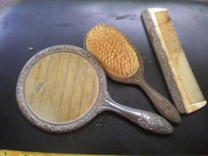 Vintage Silver Plated Hair Brush Comb Mirror Combo Embossed Vanity Set - Picture 1 of 4