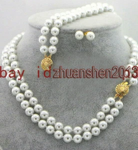 2 Rows 8mm Round White Akoya Shell Pearl Beads Necklace +Bracelet + Earrings Set - Picture 1 of 3