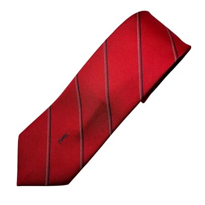 复古 YSL Yves SAINT LAURENT 男式条纹领带亮红色白色海军蓝 YSL 标志 — 第 1/4 张图片