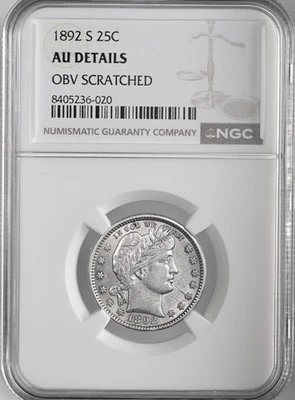 1892-S  25C BARBER SILVER QUARTER  NGC AU DETAILS "OBV SCRATCHED" #8405236-020 - Image 1 of 4