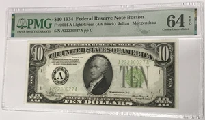 1934 $10 Federal Reserve Note Boston PMG 64 CU EPQ Fr#2004-A Light Green - Picture 1 of 2