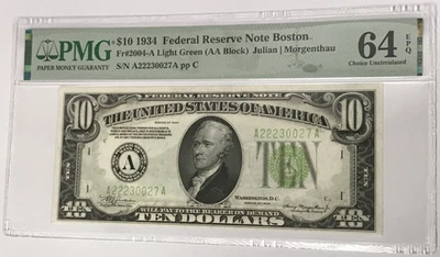 1934 $10 Federal Reserve Note Boston PMG 64 CU EPQ Fr#2004-A Light Green - Image 1 of 2
