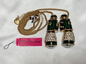 Rara collana binocolo Betsy Johnson vintage con strass neri e oro da trovare - Foto 1 di 15