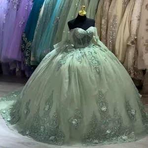 Vestidos de Quinceañera Verde Salvia de Lujo Flores Brillantes Encaje Fiesta de Cumpleaños Baile de graduación - Imagen 1 de 9