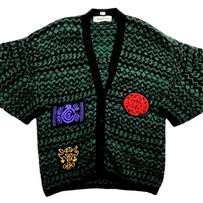 Cárdigan parches vintage Saks Fifth Avenue para mujer XL verde mohair suéter años 80 Foto 1 de 4