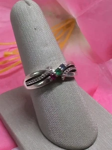 Vintage 3 Stone Ruby, Emerald, Amethyst w/CZ Accents Sterling Silver Ring S 9.25 - Picture 1 of 10