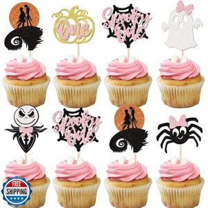 24 PCS Halloween Spooky One Cupcake Toppers Pink Glitter Ghost Spider Pumpkin - Picture 1 of 5