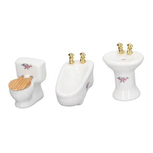 3Pcs Dollhouse Miniature Bathroom Set Ceramic Simulation Bathtub Toilet Sink - Picture 1 of 12