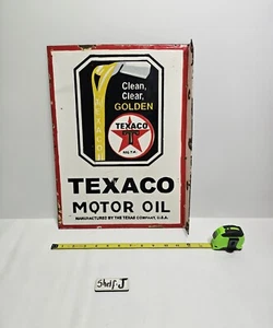 16.5 X 12 in ,Original TEXACO MOTOR OIL CLEAN GOLDEN PORCELAIN SIGN DOUBLE SIDED - Picture 1 of 24