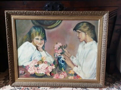 Dos niñas arreglando rosas después de Sir George Clausen (1852-1944) pintura original Foto 1 de 4
