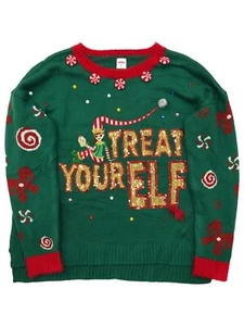 Womens Green & Gold Sequin & Rhinestone Elf Christmas Holiday Sweater - Picture 1 of 2