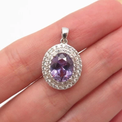 925 Sterling Silver Real White Topaz & Lab-Created Alexandrite Gem Oval Pendant - Image 1 of 4