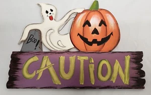 DECORAZIONE LEGNO PORTA/PARETE HALLOWEEN (14" x 11"), ATTENZIONE ZUCCA E FANTASMA - Foto 1 di 8