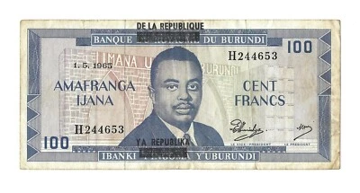 BURUNDI 100 Francs 1965, P-17 Overprint Type & Scarce, Crisp Original VF - Image 1 of 2