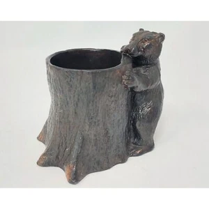 Portasigarette e fiammiferi orso in bronzo fuso vintage, ceppo albero in ottone, statuina - Foto 1 di 6