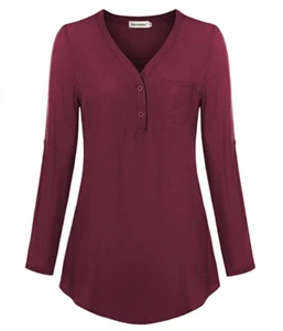 Womens Dressy Tops 3/4 Long Sleeve Button Down Tunic Shirts Blouses Wine - XL - Picture 1 of 4