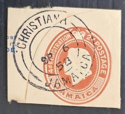 1958 Jamaica sello 2D preimpreso en pieza CD Christiana Foto 1 de 2