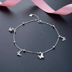 935 Silver Round Cut 0.20CT White Sapphire Butterfly Balls Chain Design Anklet - Picture 1 of 7