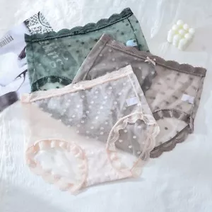 Lace Women Panties Underwear Plus Size Sexy Transparent Mesh Bow Dots High Waist - Picture 1 of 24