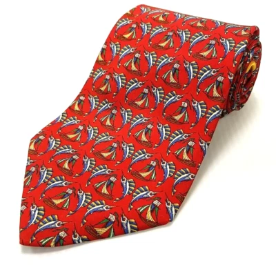 Corbata de seda estampada Salvatore Ferragamo de lujo marlín rojo pez vela barco Foto 1 de 4