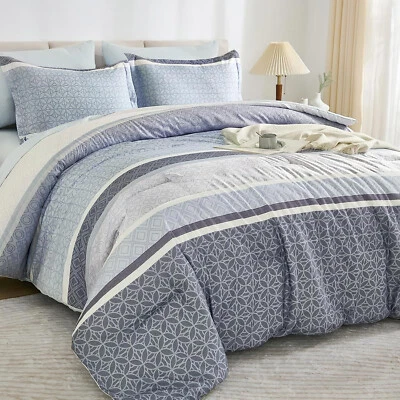 WONGS Queen King Comforter Set - Blue Striped Boho Lightweight Microfiber soft - Image 1 of 4