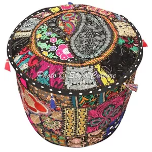 Indian Round Fabric Ottoman Patchwork Embroidered Pouf Cover Bohemian 16" Black - Picture 1 of 3