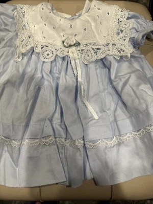 Peaches n Cream Girls Dress Blue White Eyelet Lace Collar Pleated Skirt Size 3-6 - Image 1 of 4