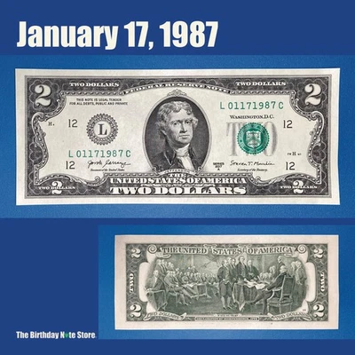 January 17, 1987 Birthday Anniversary $2 Two Dollar Bill Serial Number 01171987 - Image 1 of 2