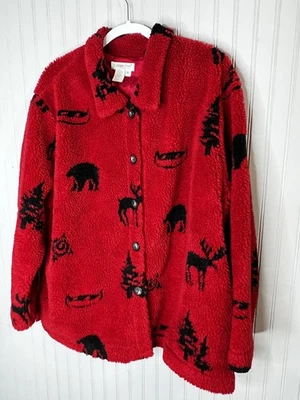Coldwater Creek Jacket Womens XL Red Black Sherpa Fleece Button Front Made USA - Image 1 of 4