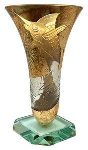 "Florero de vidrio artístico firmado vintage estilo Memphis Polizzi pez vela marlín dorado 10,25""" - Imagen 1 de 11