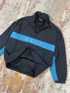 Obey Worldwide Streetwear Title Blue Stripe Anorak Pullover Jacket - Picture 1 of 16