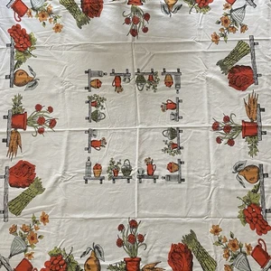 Vintage 50s Retro Kitchen Tablecloth Veggies Fruit Cotton 42” x 52” Simtex MCM - Picture 1 of 21