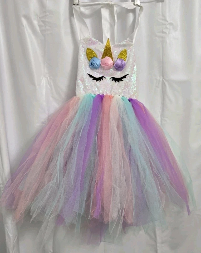 Girls Size 6 Dressup Dress With Tutu Unicorn Sequins Sparkly Colorful One Piece - Image 1 of 4