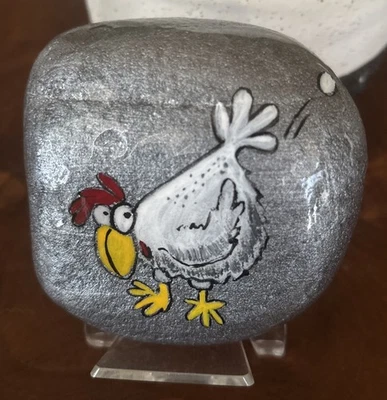 Chicken Laying Egg! Hand Painted Rock Collectible Outdoor Art Garden Decor - Image 1 of 4