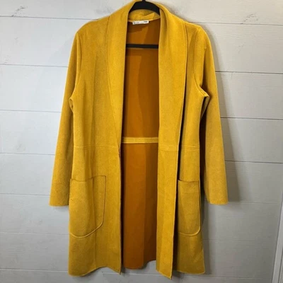 Zara | Mustard Yellow Faux Suede Trench Long Open Coat Jacket Size Small - Image 1 of 4