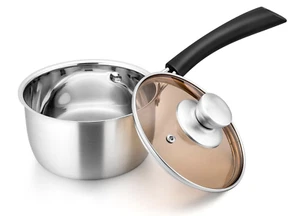 14cm stainless Steel Saucepan with Brown Glass Lid, Gas/Electric/Ceramic/Halogen - Picture 1 of 11