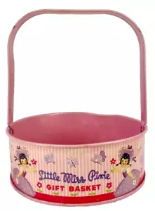 Little Miss Pixie Basket Gift Tin Easter Pink Girls in Purple Dresses 1950s - Picture 1 of 9