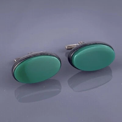 Gemelos ovalados de ónix verde plata de ley 925 simples marcados México vintage Foto 1 de 4