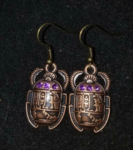 Egyptian Copper Scarab & Rhinestone Pierced Dangle Earrings, Amun-Re Ma'at - Picture 1 of 5