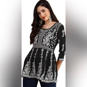 NUEVA Camisa Corta EthnicJunction Chikan Bordada Kurti S - Imagen 1 de 4